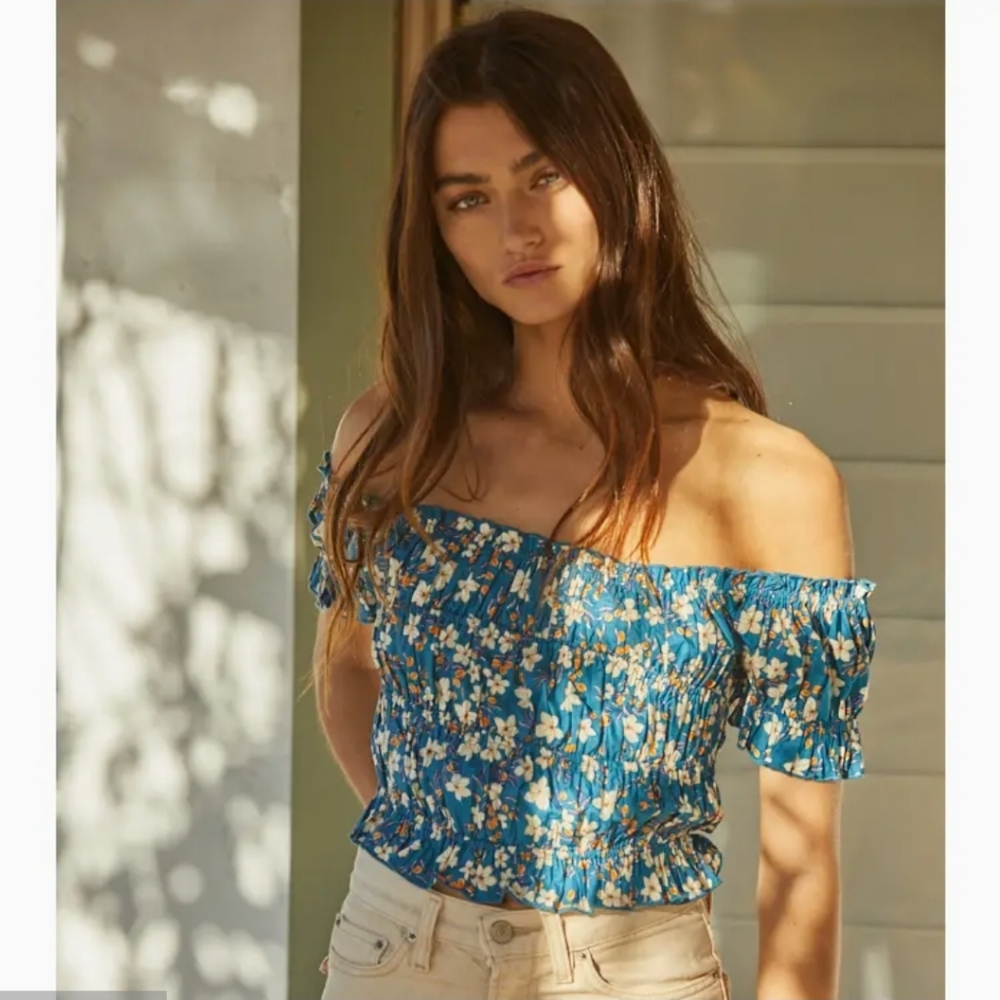 Woven Cotton Floral Print Smocked Crop Top Teal Multi‎ Womens Size M Boho Casual